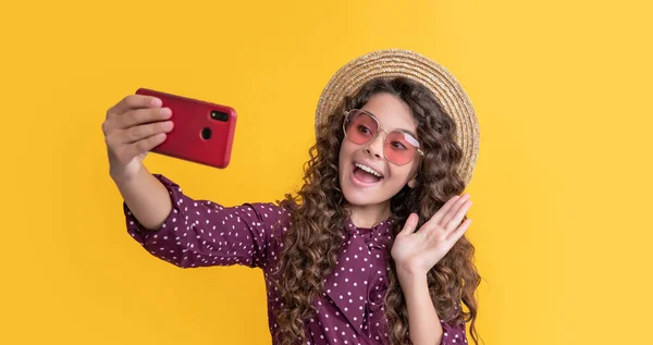 Happy Girl Curly Hair Taking Selfie Phone Hello — Stock Fotó