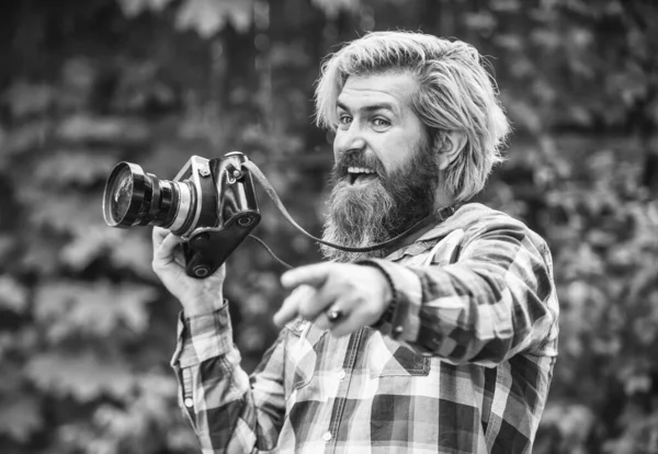 Creating Content Blog Bearded Man Hipster Taking Photo Photography Modern — Stock Photo, Image
