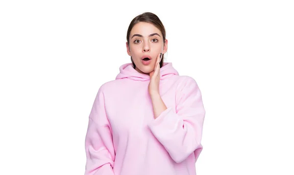 Shouting Young Girl Pink Hoodie Isolated White Background — ストック写真