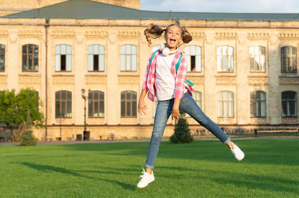 Happy Active Teen Girl Jumping School Yard Outdoors Schooling — Stockfoto