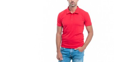 grizzled handsome man with graying hair in red shirt isolated on white background.