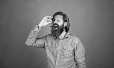 Sadece bir ısırık. Taze meyveli kendine güvenen çiftçi. Olgun kiraz tutan sakallı adam. Yazın hasat. Sakallı, olgun bir hippi. Kirazlı vahşi beyaz adam. organik meyveler.