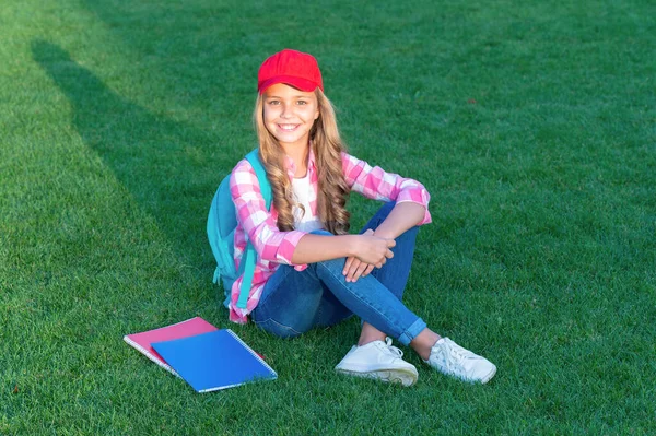 Happy Teen Schoolgirl Sitting Grass School Education — Fotografia de Stock
