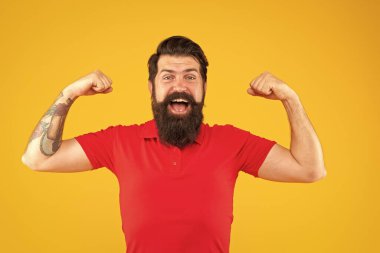 Bıyıklı, vahşi beyaz adam. Sarı arka planda kendine güvenen ve yakışıklı sakallı bir adam. Saç ve sakal bakımı. Mutlu güçlü erkek portresi. Sakallı olgun hippi..