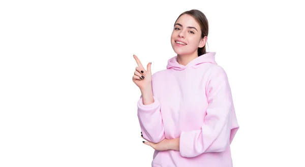 Positive Junge Mädchen Rosa Kapuzenpulli Isoliert Auf Weißem Hintergrund — Stockfoto