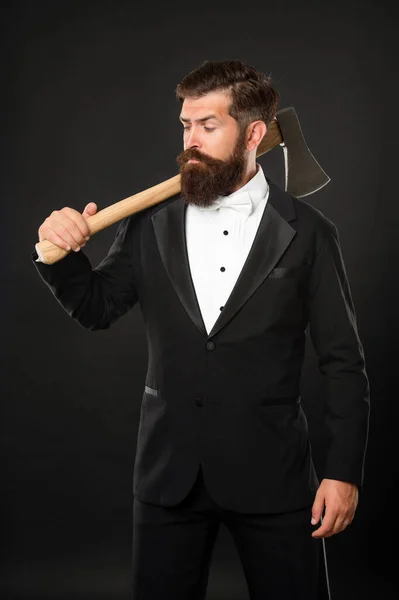 Looking Barber Bearded Man Carry Axe Brutal Barber Axe Shaving — Fotografia de Stock