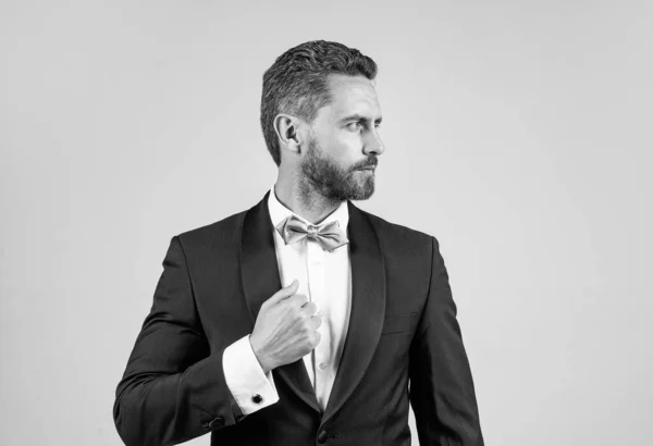 Confident Successful Man Tuxedo Bow Tie Formal Event Esthete — Stock Photo, Image