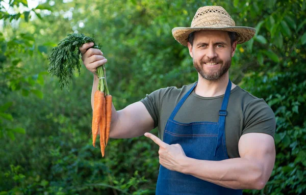 man greengrocer in straw hat point finger on carrot vegetable.