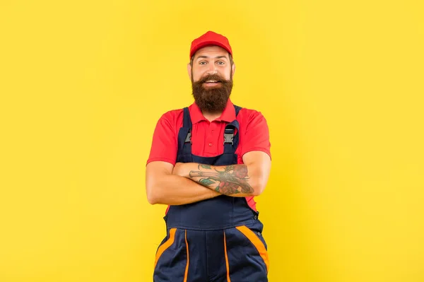 Happy Bearded Man Repairer Work Clothes Yellow Background — ストック写真