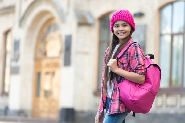 Happy Schoolgirl Back School Outdoors Copy Space — Stockfoto