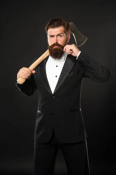 Serious Bearded Man Twirling Mustache While Carrying Axe Dark Background — Fotografia de Stock