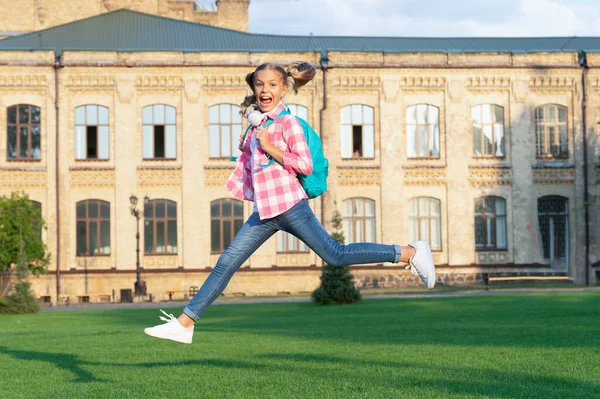 Happy Active Teenage Girl Jumping School Yard Outdoors — 图库照片