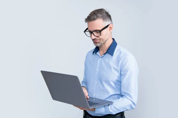 Mature Employer Eyeglasses Working Computer Grey Background — Foto de Stock
