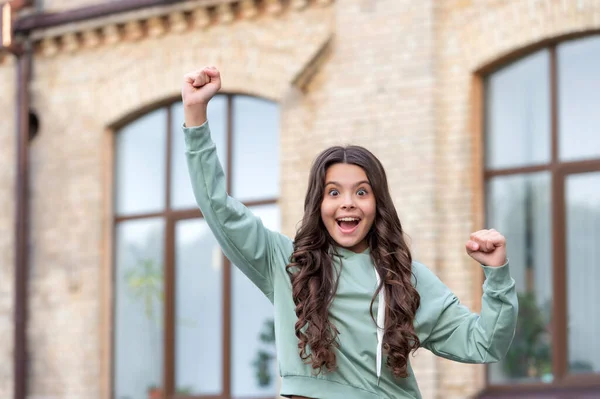 Happy Excited Teenage Girl Shouting Making Winner Gesture Casual Style — Stockfoto