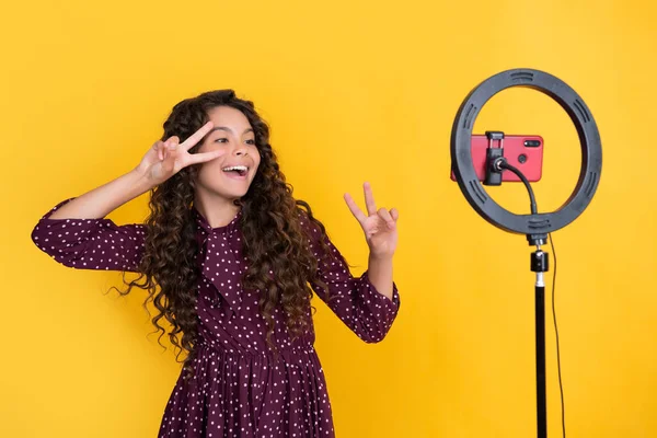 Happy Child Long Curly Hair Making Video Blog Peace — Stockfoto