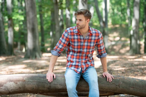 Young Handsome Man Checkered Shirt Relaxing Outdoor — 图库照片