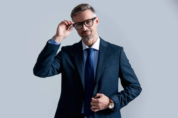 Happy Mature Ceo Wear Businesslike Suit Grey Background — Stock fotografie