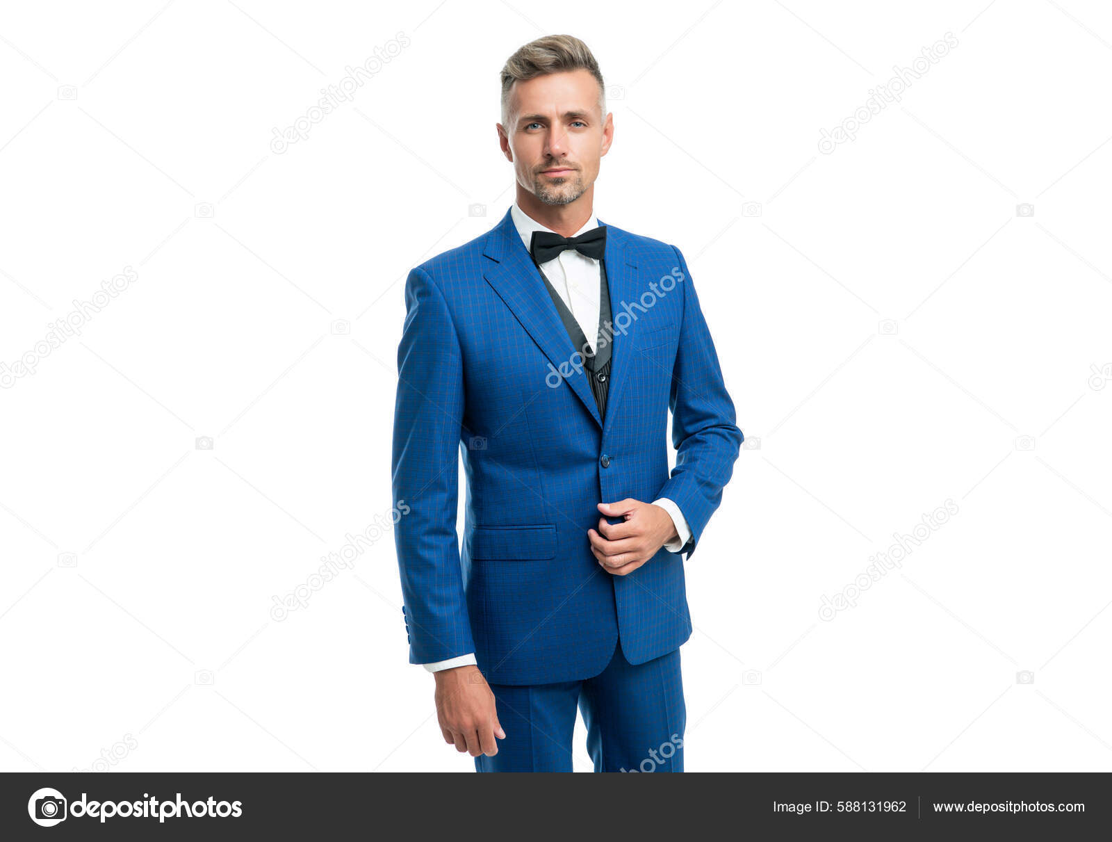 Guapo Hombre Maduro Traje Azul Pajarita Hombre Negocios Aislado
