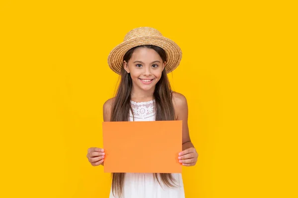 Cheerful Teen Child Copy Space Orange Paper Yellow Background — Photo
