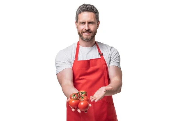 Man Apron Tomato Bunch Isolated White — Stockfoto