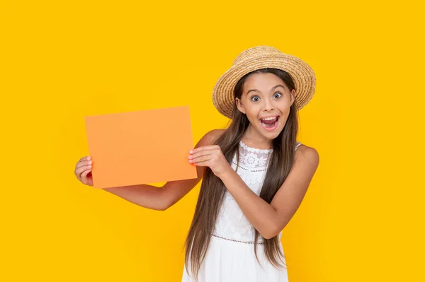 Amazed Teen Child Copy Space Orange Paper Yellow Background — Stockfoto