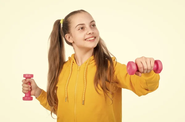Glad Stark Tonåring Flicka Träning Med Skivstång Isolerad Vit Barndom — Stockfoto