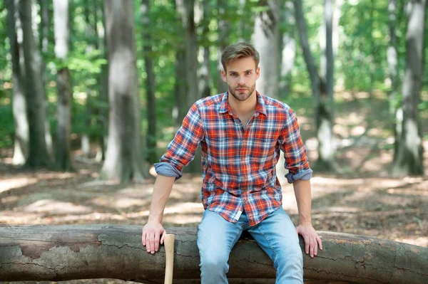 Young Handsome Man Checkered Shirt Sit Outdoor — Stockfoto