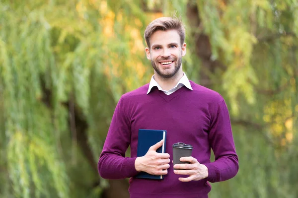 Happy Young Handsome Man Drink Morning Coffee Outdoor — Foto Stock