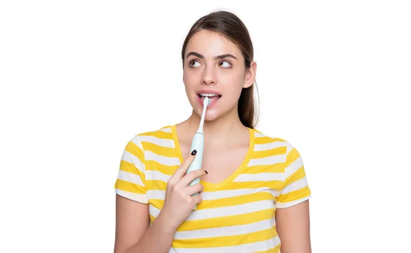 Amazed Young Girl Toothbrush Isolated White Background — Stockfoto