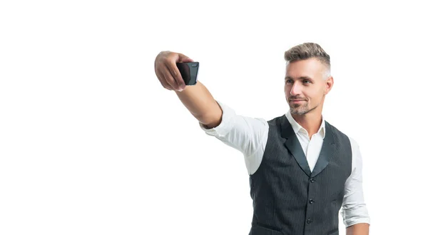 Glücklicher Profi Anzugweste Macht Selfie Mit Smartphone — Stockfoto