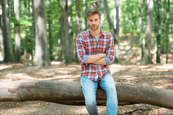 Young Handsome Man Checkered Shirt Relax Outdoor — Foto de Stock