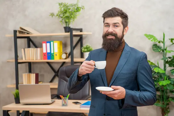 Cheerful Bearded Businessman Drinking Coffee Office Copy Space Business — Foto de Stock