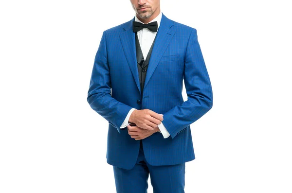 Homem Cortado Arco Gravata Azul Terno Homem Negócios Isolado Branco — Fotografia de Stock