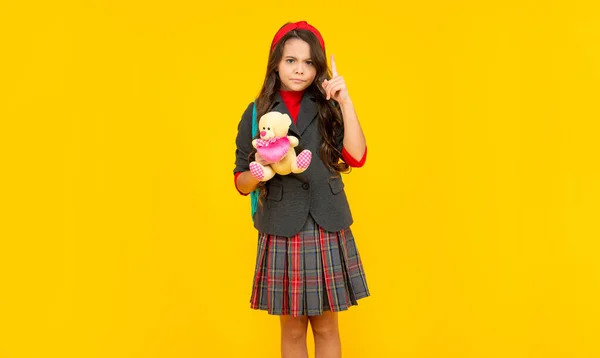 Serious Inspired Idea Child School Uniform Toy Yellow Background Childhood — Foto de Stock
