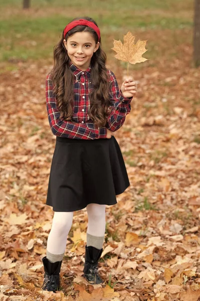 制服姿の10代の女の子が紅葉を持っています 楓の葉の屋外で遊んでいる幸せな子供 秋の自然 子供の頃の幸せ 自然の美しさ 秋のファッション — ストック写真
