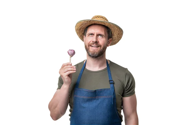 Cheerful Man Apron Hat Garlic Vegetable Isolated White — Stockfoto