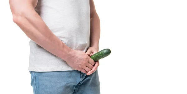 Man Crop View Holding Cucumber Crotch Level Imitating Penis Isolated — Stockfoto