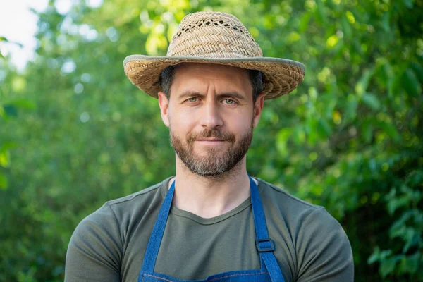 Portrait Serious Farmer Man Farmers Hat Natural Outdoors — Stockfoto