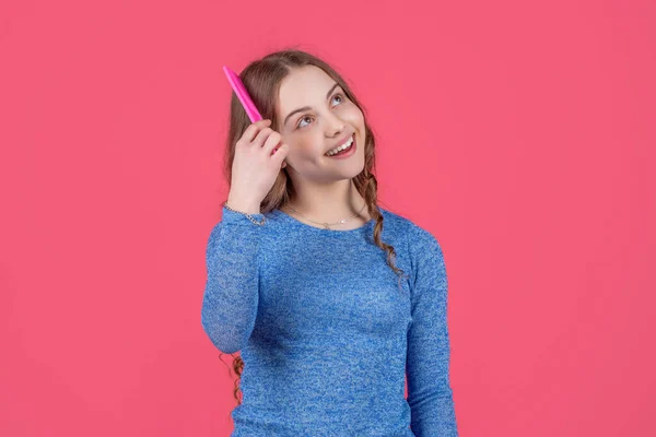Smiling Teen Girl Combing Curly Hair Hairbrush Pink Background — Φωτογραφία Αρχείου