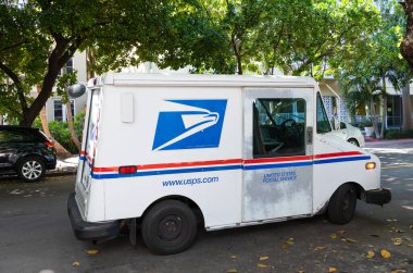 Miami Beach, Florida USA - March 23, 2021: usps postal sevice truck.