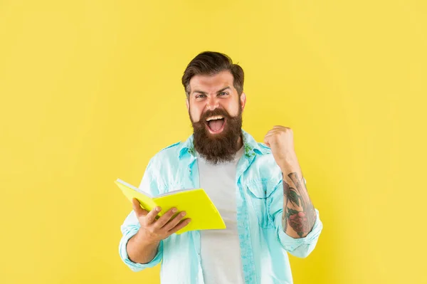 Successful Bearded Man Book Yellow Background Success — стоковое фото