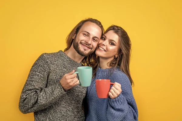 Happy Woman Man Wear Knitted Clothes Winter Drink Tea Cup — Photo