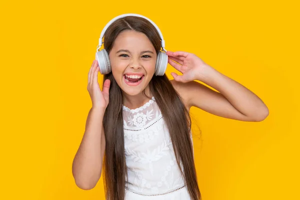 Glad Teen Kid Listen Music Headphones Yellow Background — Zdjęcie stockowe