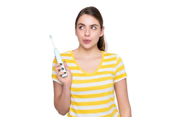 Funny Young Woman Electric Toothbrush Isolated White Background — Foto de Stock