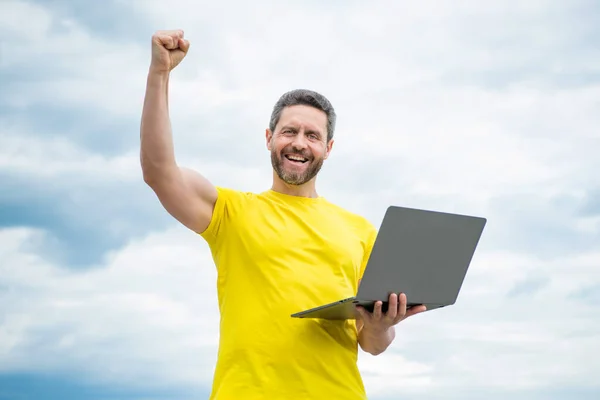 Happy Man Working Online Laptop Sky Background —  Fotos de Stock