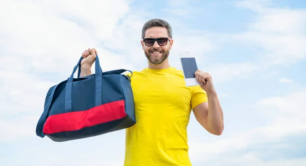 Happy Man Holding Travel Bag Document Sky Background Vacation — Stockfoto