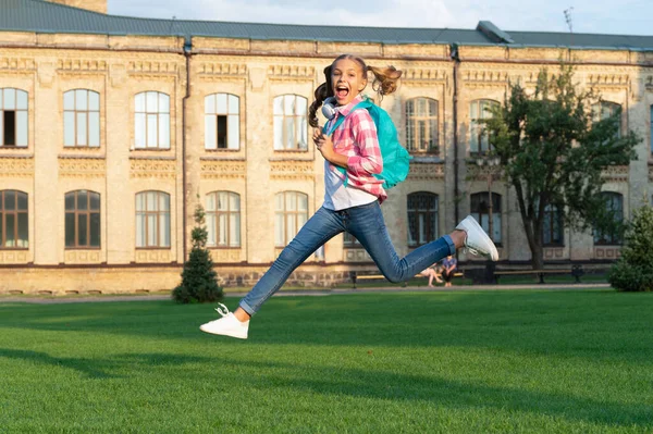 Happy Teenage Girl Jumping School Yard Outdoors Back School — Φωτογραφία Αρχείου