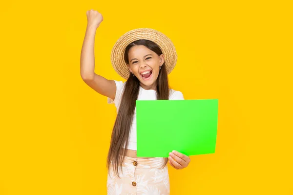 Successful Teen Kid Copy Space Green Paper Yellow Background — 스톡 사진