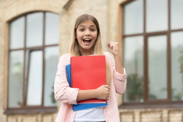Happy Teen Girl School Books Making Winning Gesture Outdoors Victory — Φωτογραφία Αρχείου