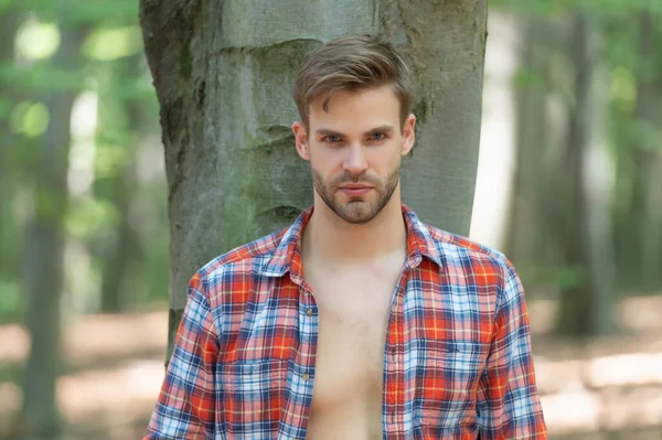 Portrait Unshaven Lumbersexual Man Unbuttoned Lumberjack Shirt Forest Background — Φωτογραφία Αρχείου